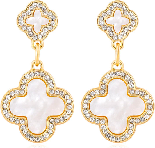 Gold Clover Earrings for Women, Elegant Dangle Lucky Four Leaf Clover Earrings with Shining Cubic Zirconia Mother of Pearl Flower Statement Earrings Trendy Jewelry Gift