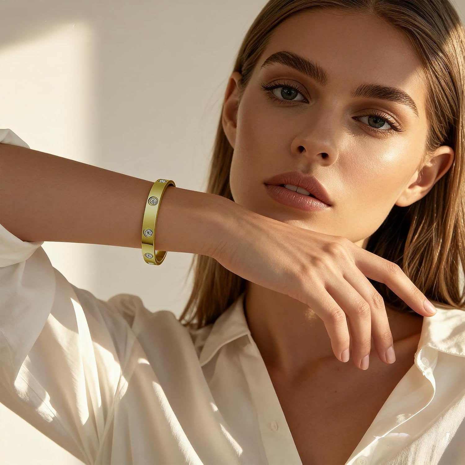 2Pcs 18K Gold-Plated Love Bangle Bracelets Set for Women, Stainless Steel Cubic Zirconia Bangle Crystal Friendship Jewelry, Easter Wedding Birthday Gifts for Girlfriend, Wife, Monther