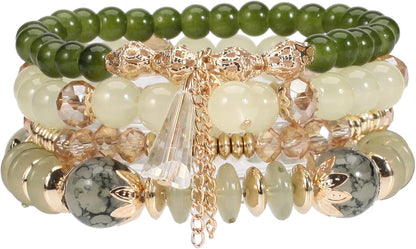 Bohemian Stackable Bracelets for Women Gold Beaded Stretch Charm Bracelets Set Crystal Elastic Multilayer Colorful Charm Bangles Bracelets Summer Beach Multicolor Statement Jewelry