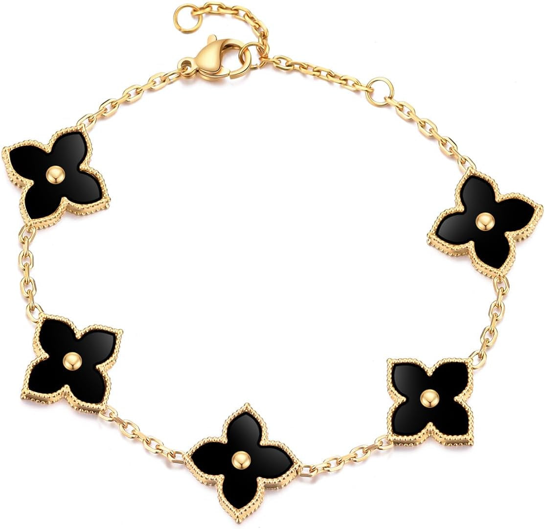 14K Gold Plated Clover Bracelet Dupes Stainless Steel Natural Shells Link Bracelet Jewelry