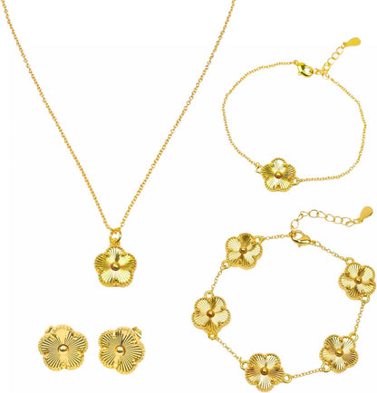 Freinit 4Pcs Gold Necklace Earrings Bracelet Set, 18K Gold Plated Flower Jewelry Set Floral Pendant Stud Gold Jewelry Sets for Women,Christmas Birthday Lucky Gift for Mom Wife Daughter GF