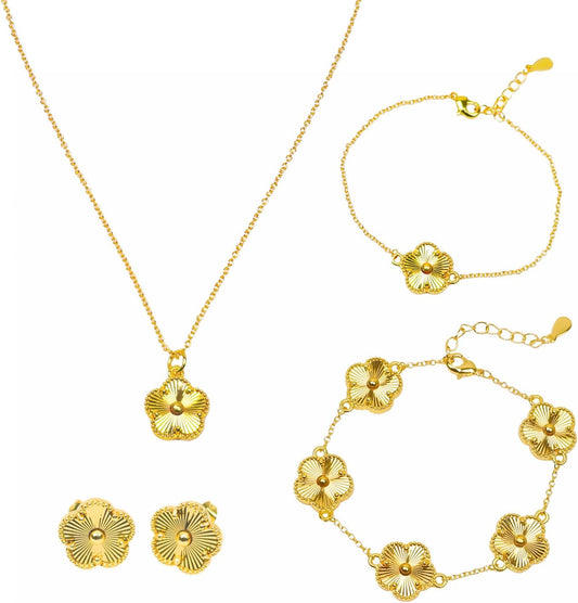 Freinit 4Pcs Gold Necklace Earrings Bracelet Set, 18K Gold Plated Flower Jewelry Set Floral Pendant Stud Gold Jewelry Sets for Women,Christmas Birthday Lucky Gift for Mom Wife Daughter GF