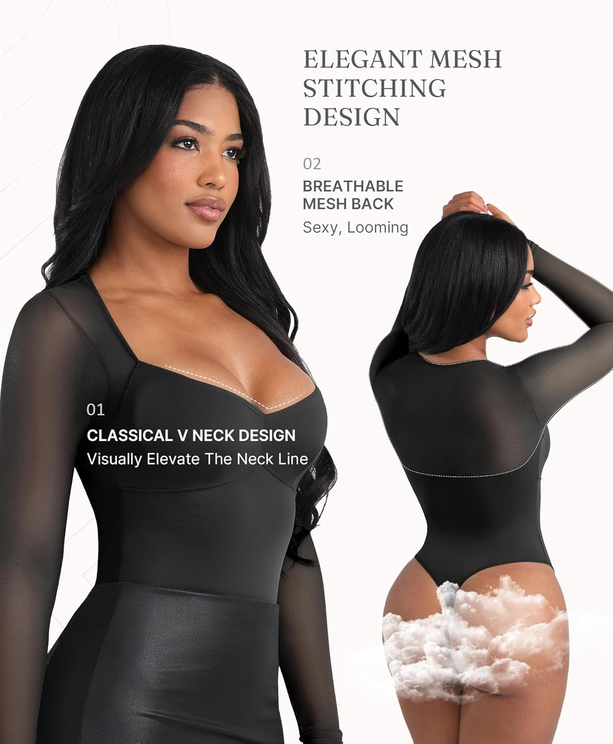 Sexy sheer-panel V-neck bodysuit thong design