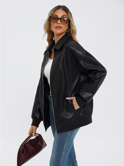 Zip-up faux leather jacket with oversized fit
