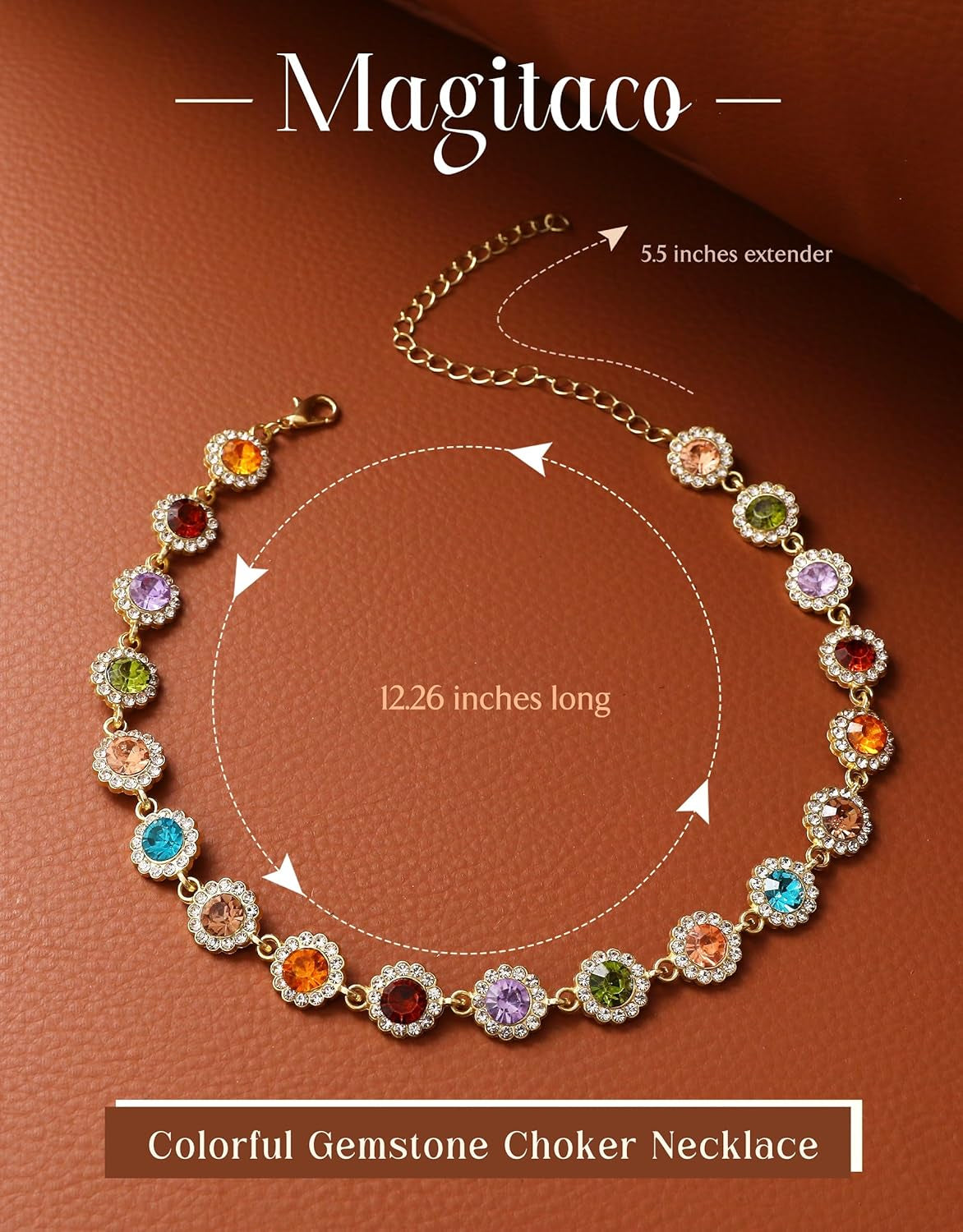 Magitaco Colorful Rhinestone Choker Necklace for Women, Gold Plated Rainbow Crystal Necklaces, Trendy Gemstone Necklace Jewelry for Beach Prom