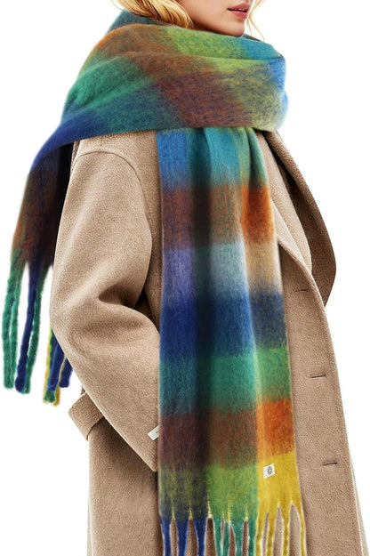 Womens Winter Scarf, Cashmere Feel Tassel Plaid Fashion Scarfs Colorful Plaid Long Shawl Large Scarves