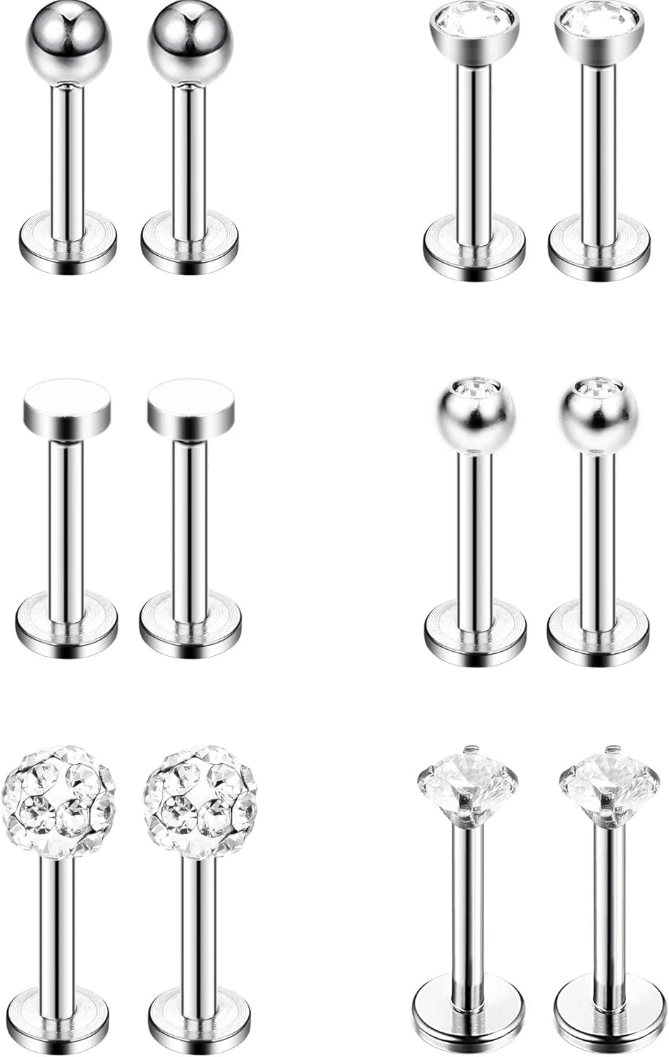 Sumind Nose Studs 16G Tragus Piercing Jewelry Tragus Earrings Lip Rings Diamond Crystal Stainless Steel Labret Bars Body Piercing Jewelry, 6 Designs