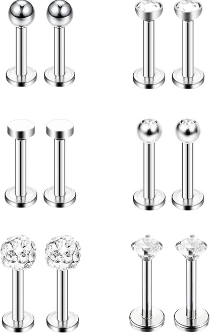 Sumind Nose Studs 16G Tragus Piercing Jewelry Tragus Earrings Lip Rings Diamond Crystal Stainless Steel Labret Bars Body Piercing Jewelry, 6 Designs
