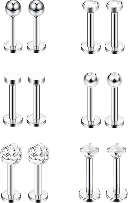 Sumind Nose Studs 16G Tragus Piercing Jewelry Tragus Earrings Lip Rings Diamond Crystal Stainless Steel Labret Bars Body Piercing Jewelry, 6 Designs