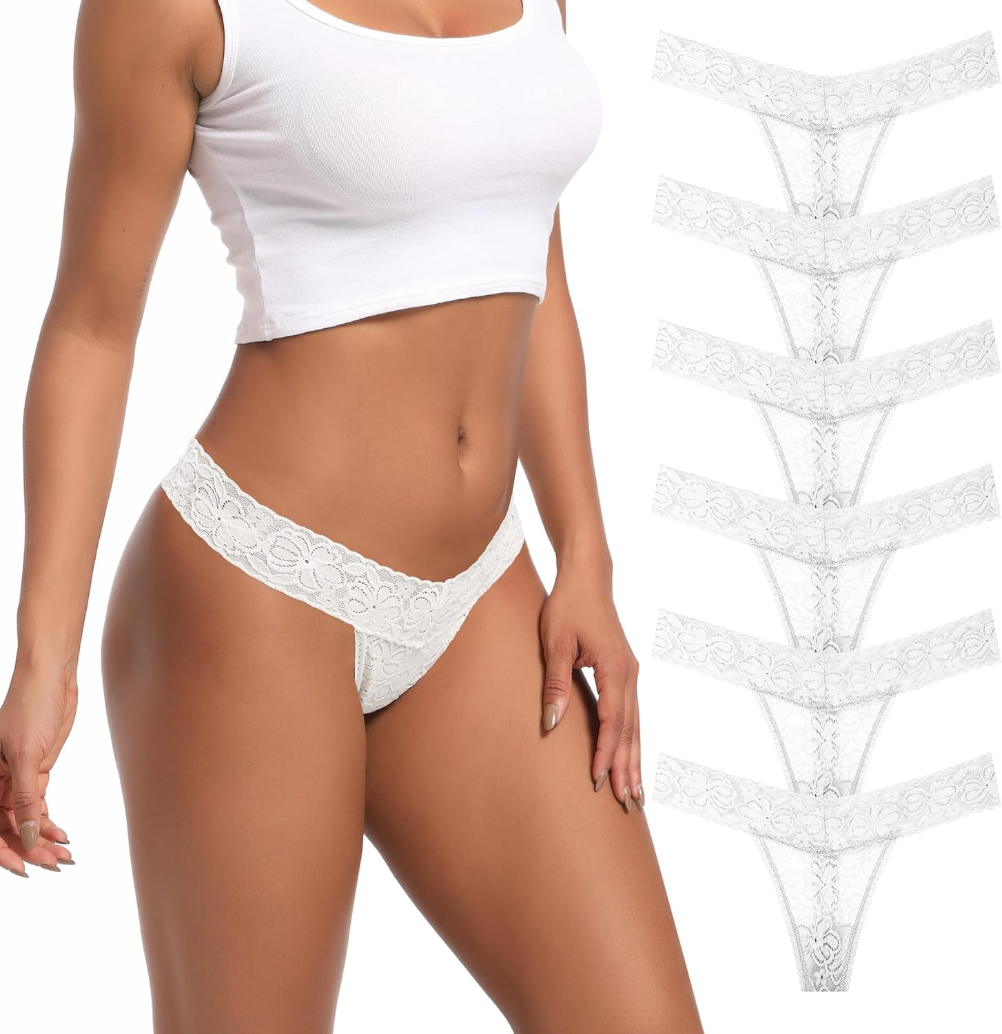 Pack 6 Seamless Lace Thongs for Women plus Size Breathable Panties Low Rise T-Back Stretch Cotton No Show Underwear