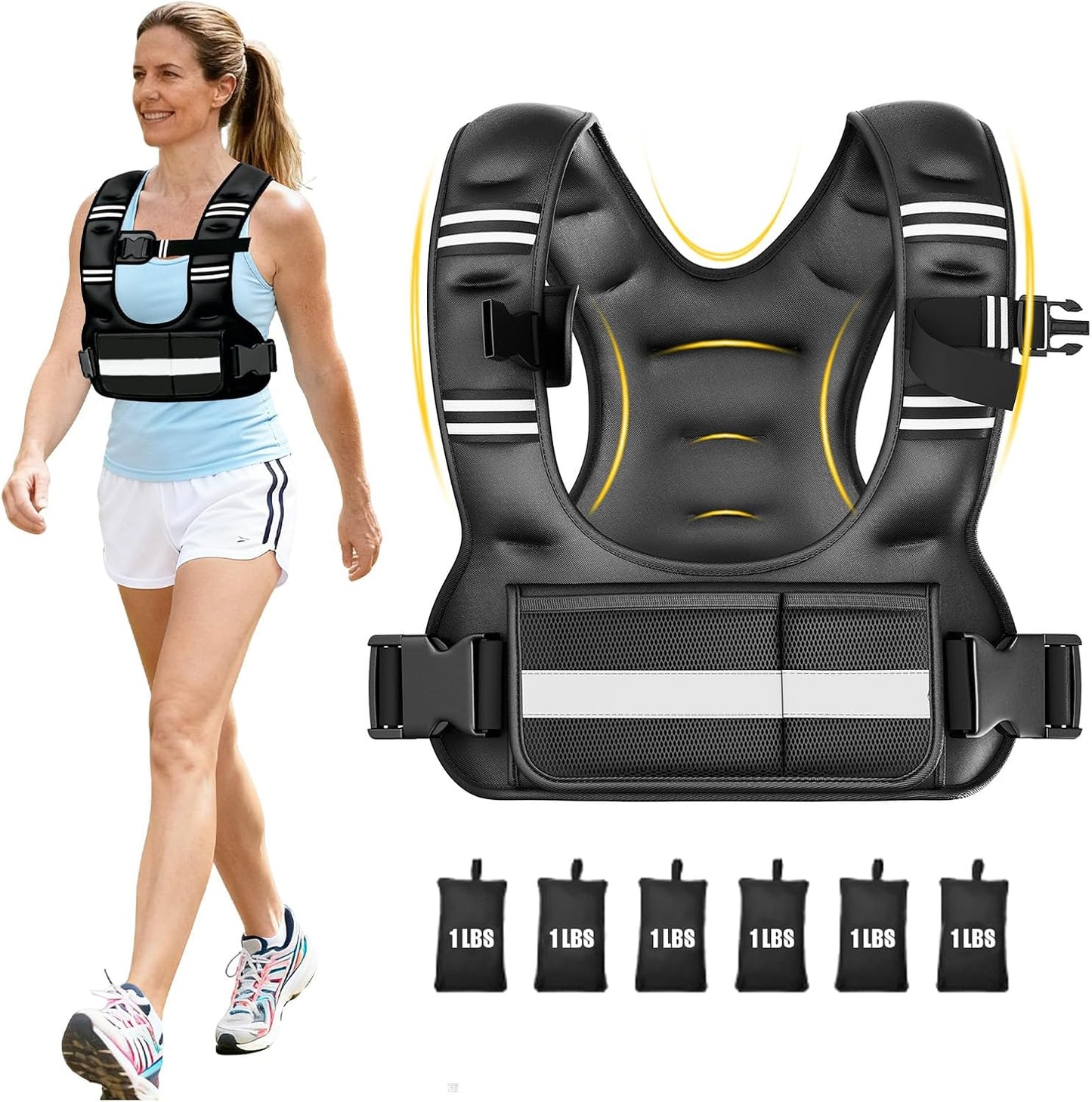 Adjustable 6-12lb weighted vest for women in black with sand bags