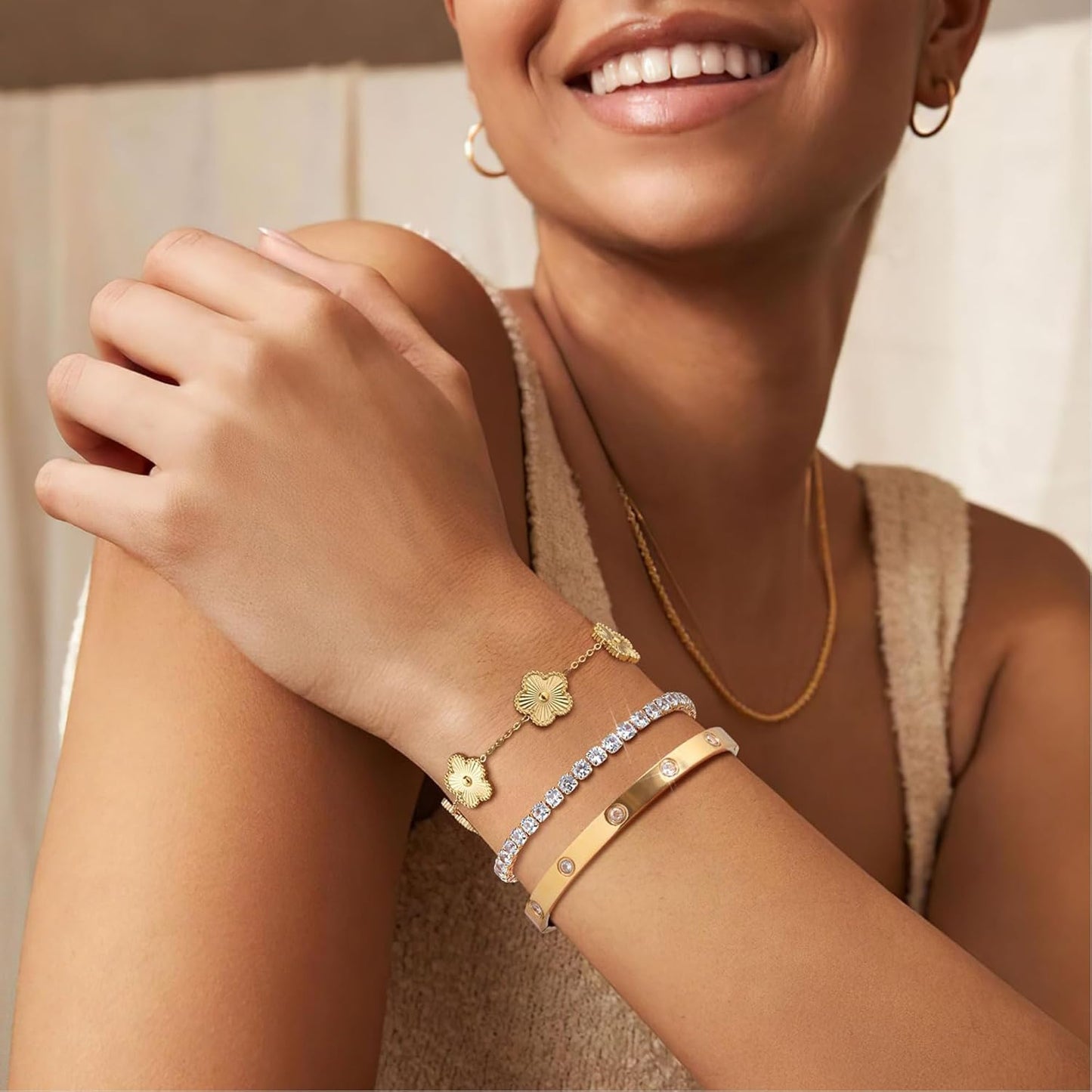 18K Gold Bracelets for Women - Clover Cuff & Cubic Zirconia Tennis Bangle Set - Non-Tarnish Stainless Steel Jewelry Gift for Valentine‘S, Christmas & Mother’S Day