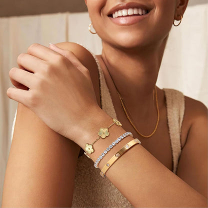 18K Gold Bracelets for Women - Clover Cuff & Cubic Zirconia Tennis Bangle Set - Non-Tarnish Stainless Steel Jewelry Gift for Valentine‘S, Christmas & Mother’S Day