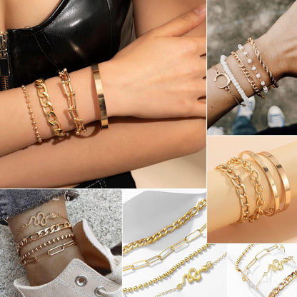 17IF 24-25 Pcs (6 Pack) 14K Gold Ankle Bracelets Set for Women Boho Stackable Bangles Cuff Charm Chunky Wrist Jewelry