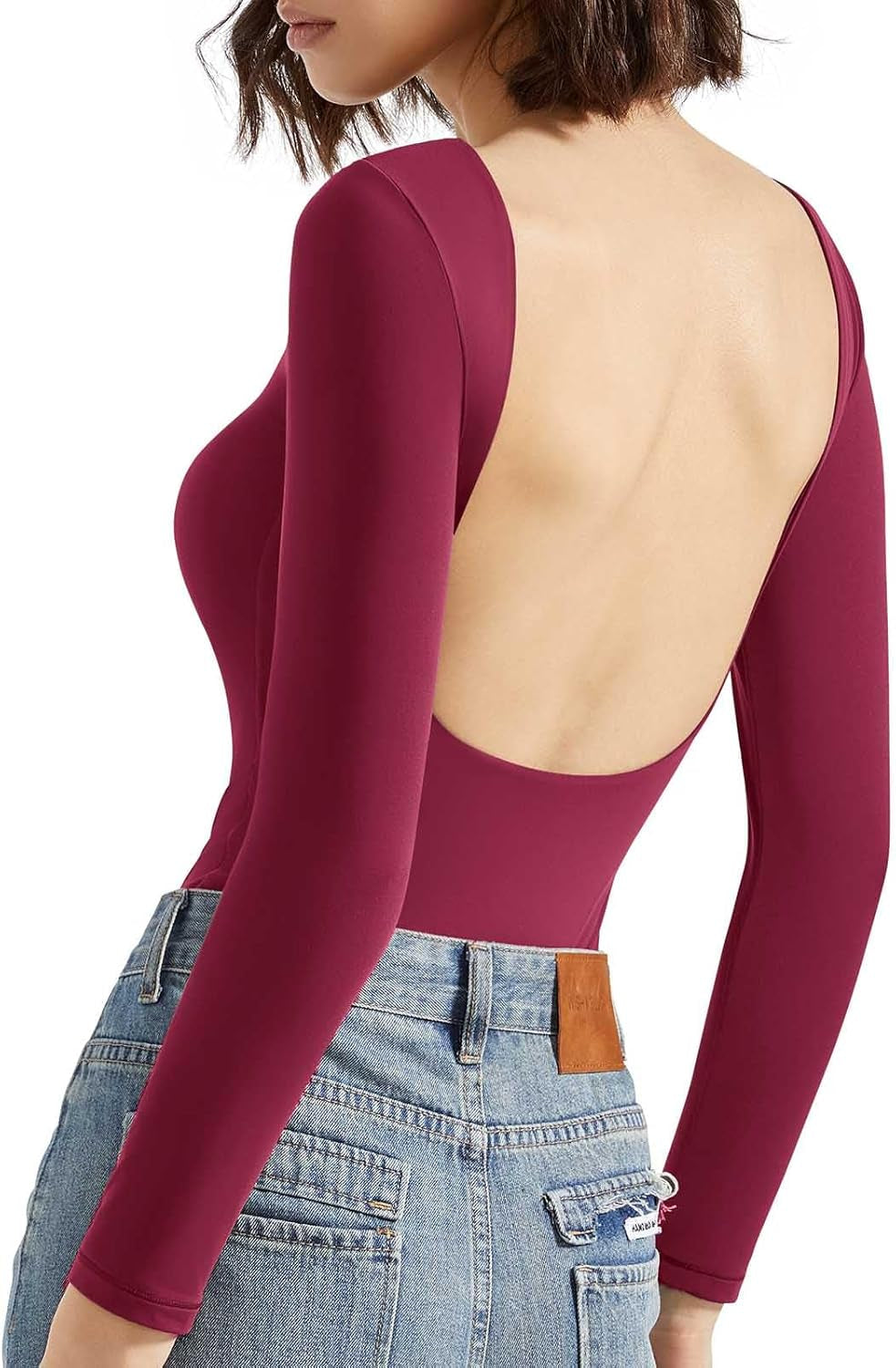 SUUKSESS Women Backless Y2K Long Sleeve Bodysuit Double Lined Open Back Sexy Basic Top