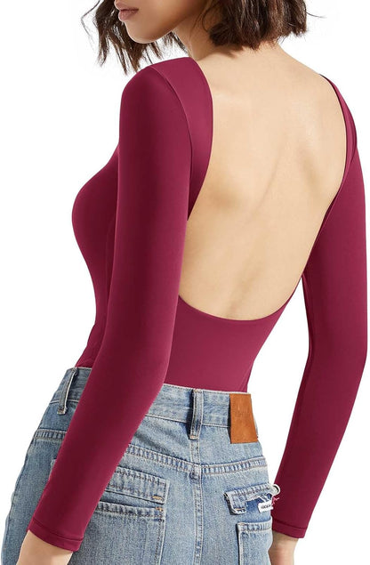 SUUKSESS Women Backless Y2K Long Sleeve Bodysuit Double Lined Open Back Sexy Basic Top