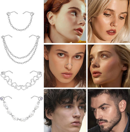 20G Nose Rings Studs with Chains African Nose Ring Cuff Horseshoe Septum Rings Stainless Steel Star Heart Nose Ring Chain Piercing Jewelry Set for Women Men