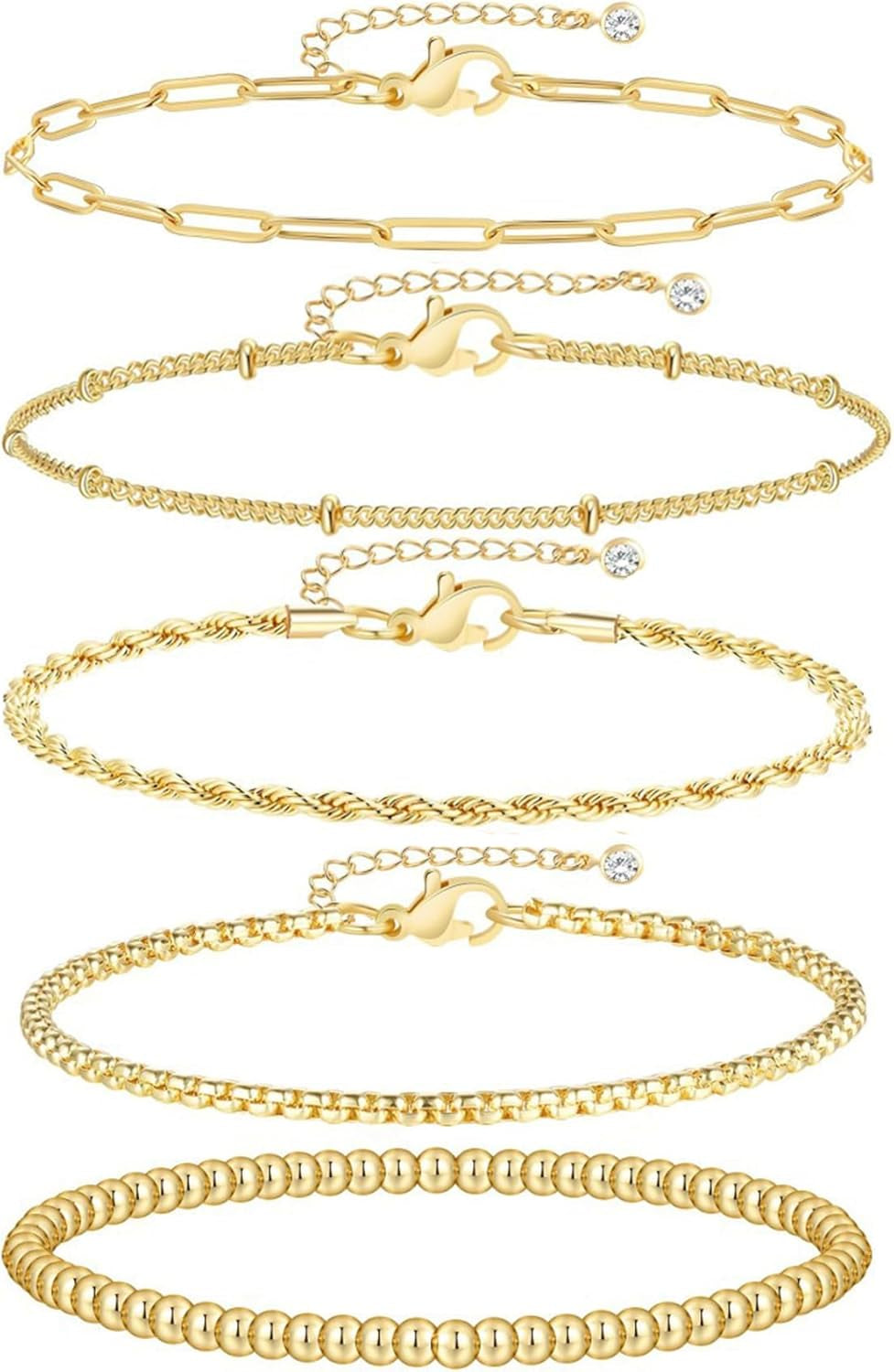 5Pcs Gold Bracelets for Women Trendy,Dainty 14K Real Gold Plated Jewelry Sets for Women,Waterproof,Thin Small Cute Chain Bracelets,Fashion Accessories Jewelry Gifts for Women Adjustable 7"+2"