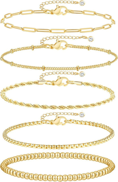 5Pcs Gold Bracelets for Women Trendy,Dainty 14K Real Gold Plated Jewelry Sets for Women,Waterproof,Thin Small Cute Chain Bracelets,Fashion Accessories Jewelry Gifts for Women Adjustable 7"+2"
