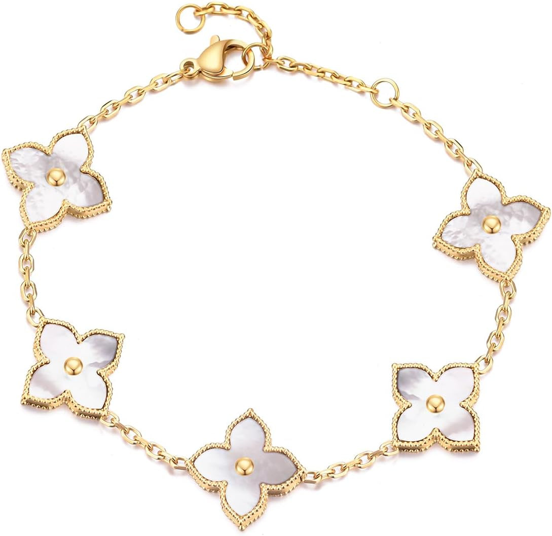 14K Gold Plated Clover Bracelet Dupes Stainless Steel Natural Shells Link Bracelet Jewelry