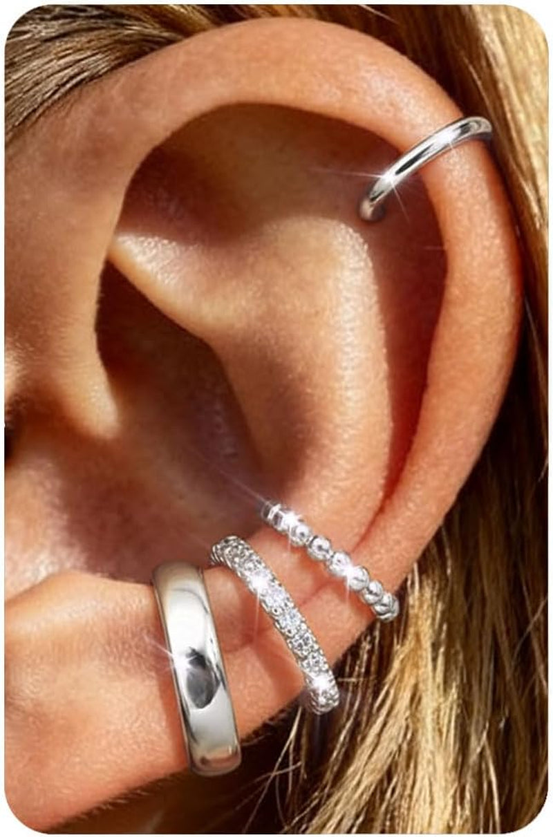 𝟒𝐏𝐚𝐢𝐫𝐬 14K Gold Plated Ear Cuff Earrings for Women Non Piercing - Hypoallergenic Ear Cuffs 14K Silver/Gold Plated Non Tarnish Clip on Cartilage Earrings Fake Earring Set Trendy Jewelry