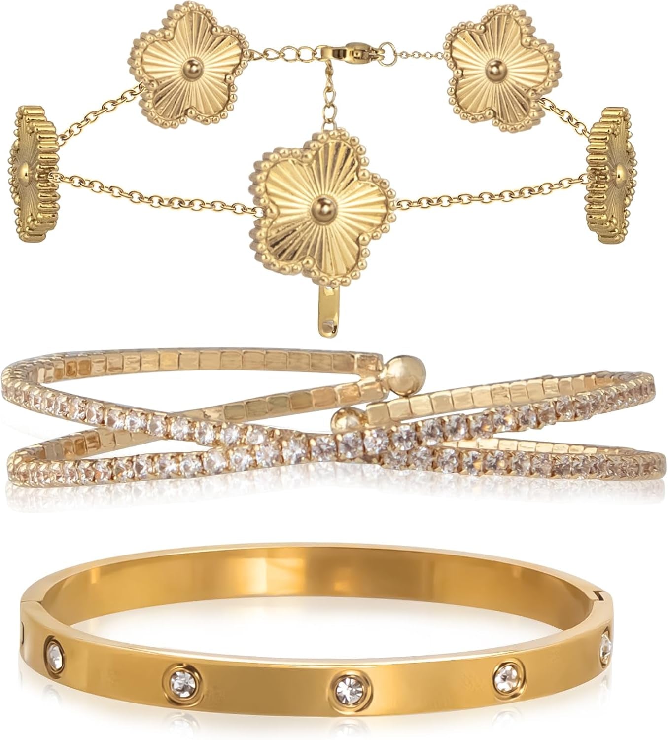 Three gold plated bangle bracelets with floral design set