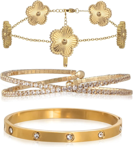 3Pcs Floral 18K Gold Plated Bangle Bracelets for Women Set,Cubic Zirconia Open Heart Gold Stainless Steel Bangle Bracelet Fashionable Jewelry Gift for Wife and Girlfriend