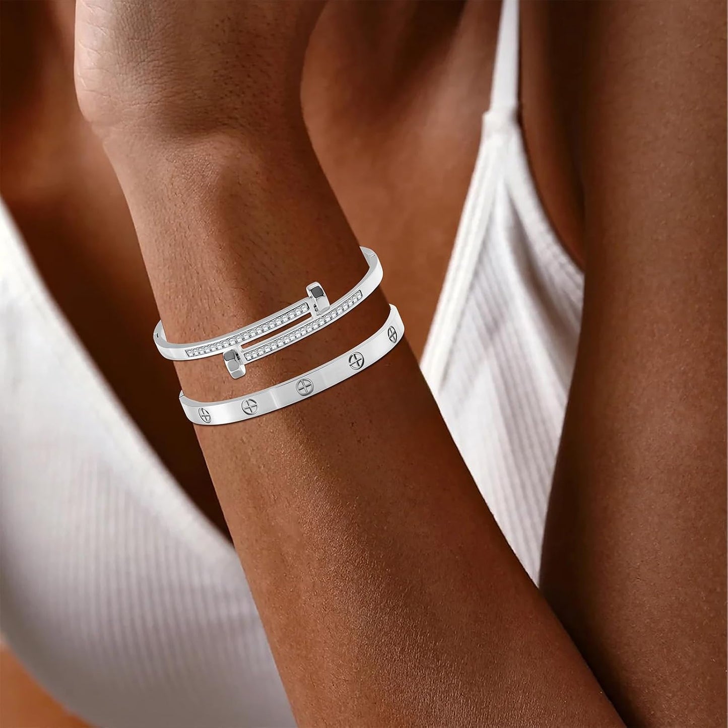 2PCS Gold Bracelets for Women Friendship & Love Theme Crystal Bangle Set Stainless Steel Non Tarnish Jewelry, Ideal Birthday Gift.