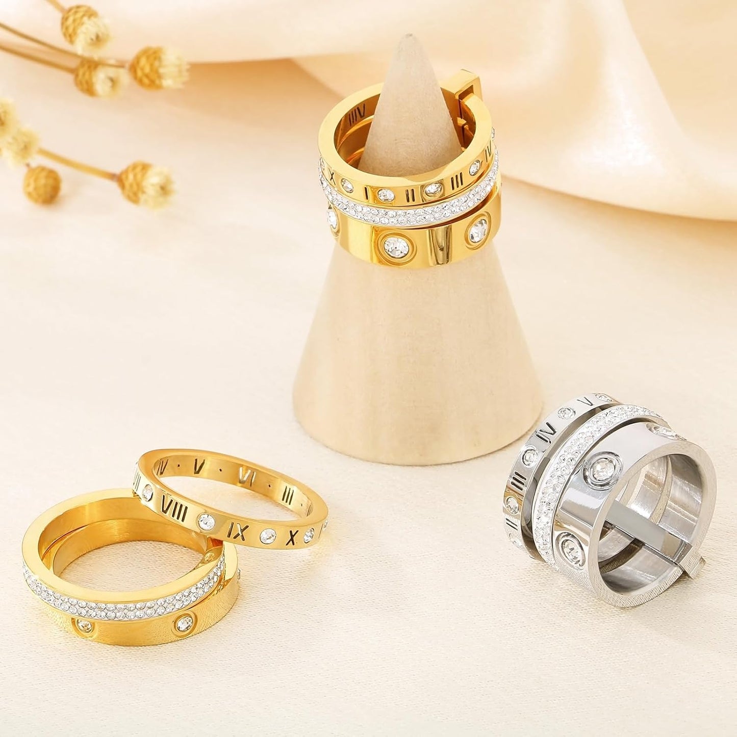 Gold ring set showing different ring styles and widths