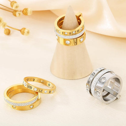 Gold ring set showing different ring styles and widths