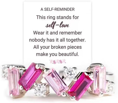 Pink crystal self love ring with inspirational message for women
