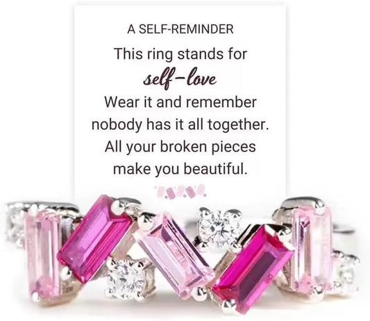 Pink crystal self love ring with inspirational message for women
