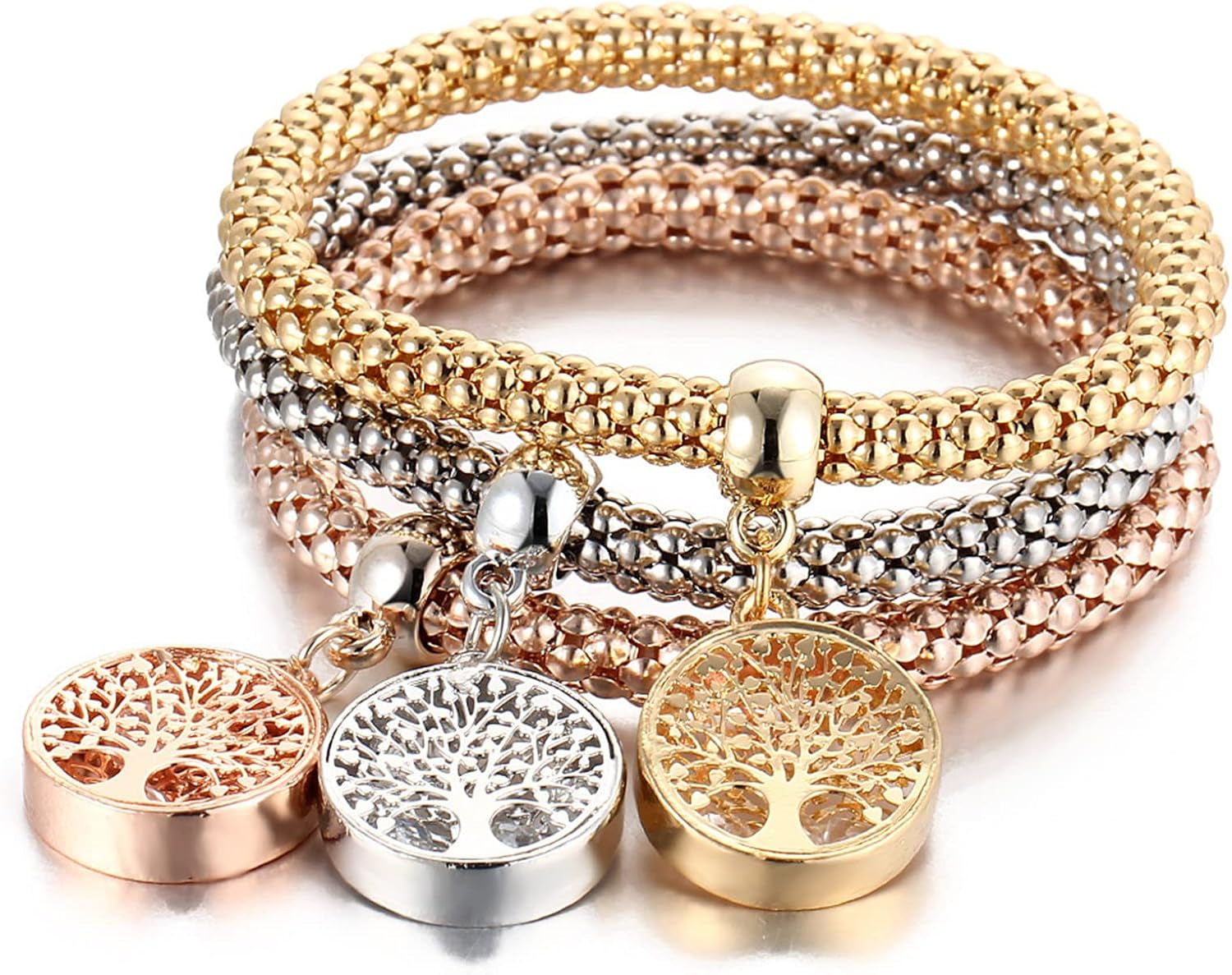 3Pcs Multilayer Crystal Rhinestone Bead Corn Chain Love Heart Tree of Life Bracelet Bangle Set for Women Stretchy Butterfly Animal Bracelet Friendship Jewelry Birthday Gift