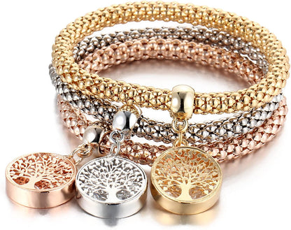 3Pcs Multilayer Crystal Rhinestone Bead Corn Chain Love Heart Tree of Life Bracelet Bangle Set for Women Stretchy Butterfly Animal Bracelet Friendship Jewelry Birthday Gift
