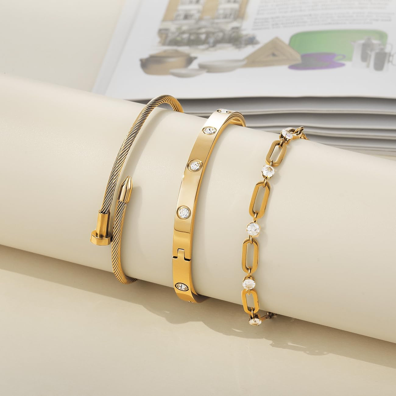 18K Gold Plated Bangle Bracelets for Women, Stackable Love Bangle Bracelet Set, Stainless Steel Non Tarnish Bracelet Set, Adjustable Bracelets Jewelry Christmas Valentine Birthday Gifts, Gold