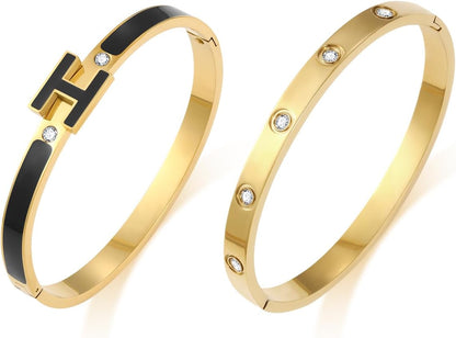 H Bracelets for Women 18K Gold Plated Bangle Bracelet Stack Cubic Zirconia Love Bangle Bracelets Set Gold Bracelet Stackable Trendy Jewelry Birthdays Christmas Gifts for Women