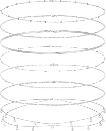 8Pcs Waist Chain 18K Gold Plated Belly Belt Chains Sexy Bikini Summer Beach Satellite Beaded Sequin Snake Layered Coin CZ Body Chain Jewelry Accessories for Women Gold Silver Tone Adjustable