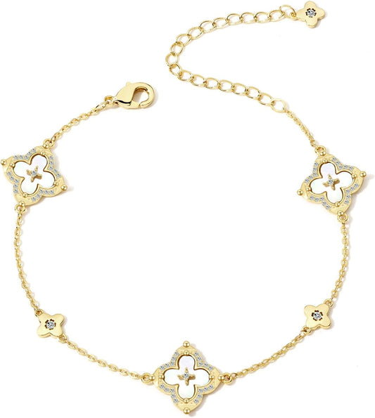 FEEL STYLE Clover Bracelet for Women - 14K Gold/Silver Plated Charm Bracelet with Mother of Pearl & Cubic Zirconia - Lucky Four Leaf Jewelry Gift Adjustable 6.5"+2" Extender