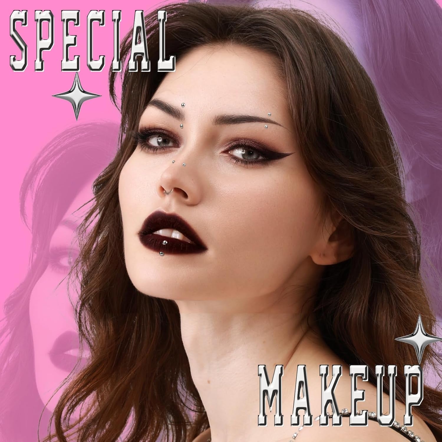 YGDZ Face Gems, Fake Piercings Nose Stud Silver, Fake Eyebrow Piercing, Stick on Face Stickers, Lip Stud, Rave Accessories, Y2K Makeup for Women Men