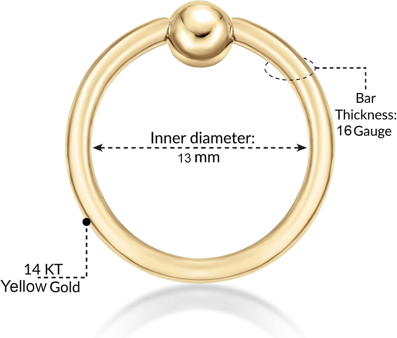 Lavari Jewelers 16 Gauge Captive Bead Hoop Ring for Women and Men - 14K Yellow Gold Nipple Eyebrow Cartilage Tragus Piercing - 1.2 Mm Nose Hoop - Stud Piercing Jewelry - 16G Body Piercing