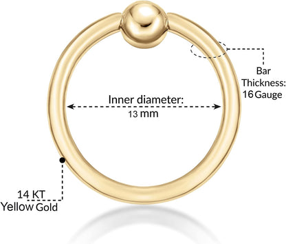 Lavari Jewelers 16 Gauge Captive Bead Hoop Ring for Women and Men - 14K Yellow Gold Nipple Eyebrow Cartilage Tragus Piercing - 1.2 Mm Nose Hoop - Stud Piercing Jewelry - 16G Body Piercing