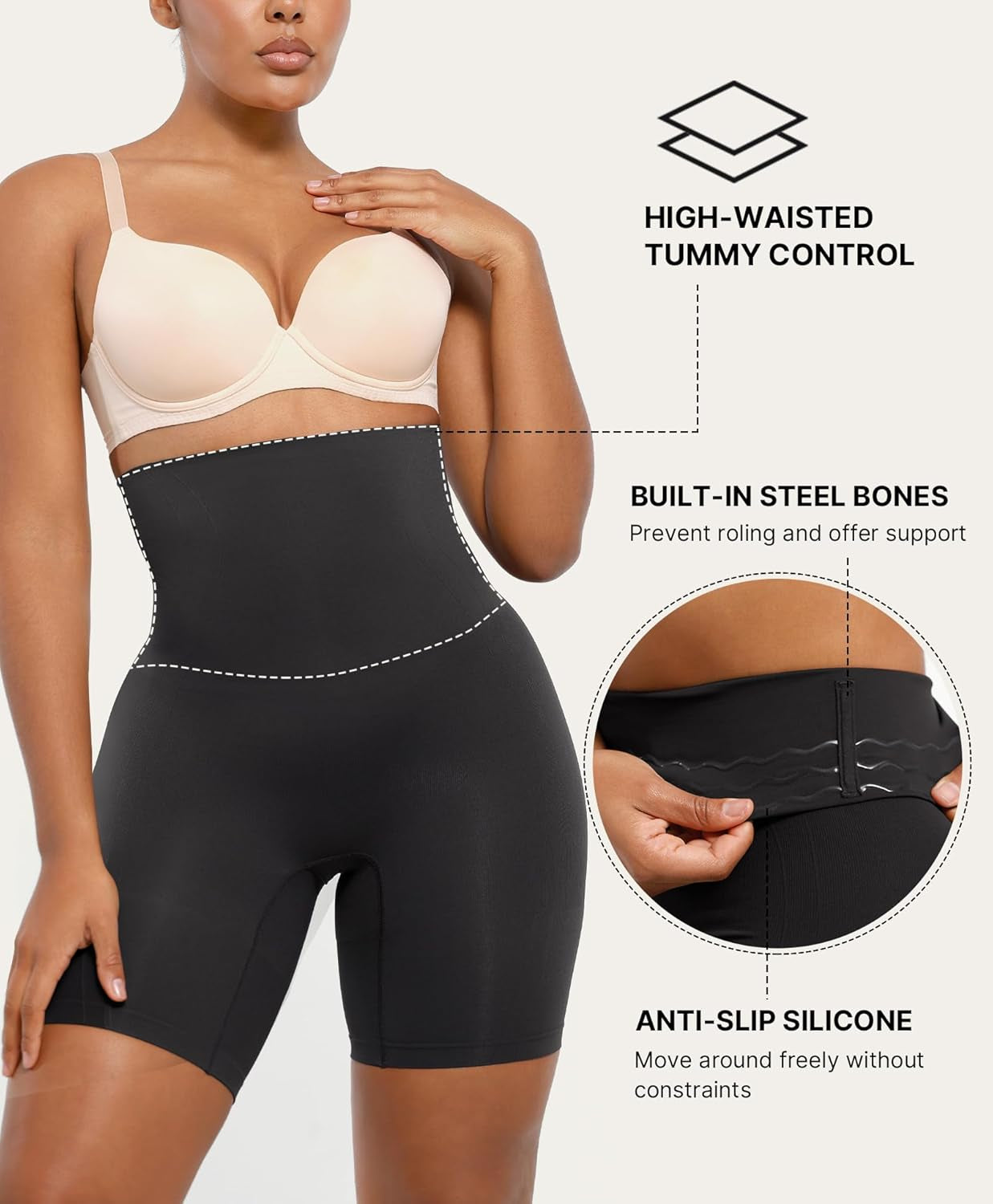 Seamless shapewear shorts tummy control front view on model