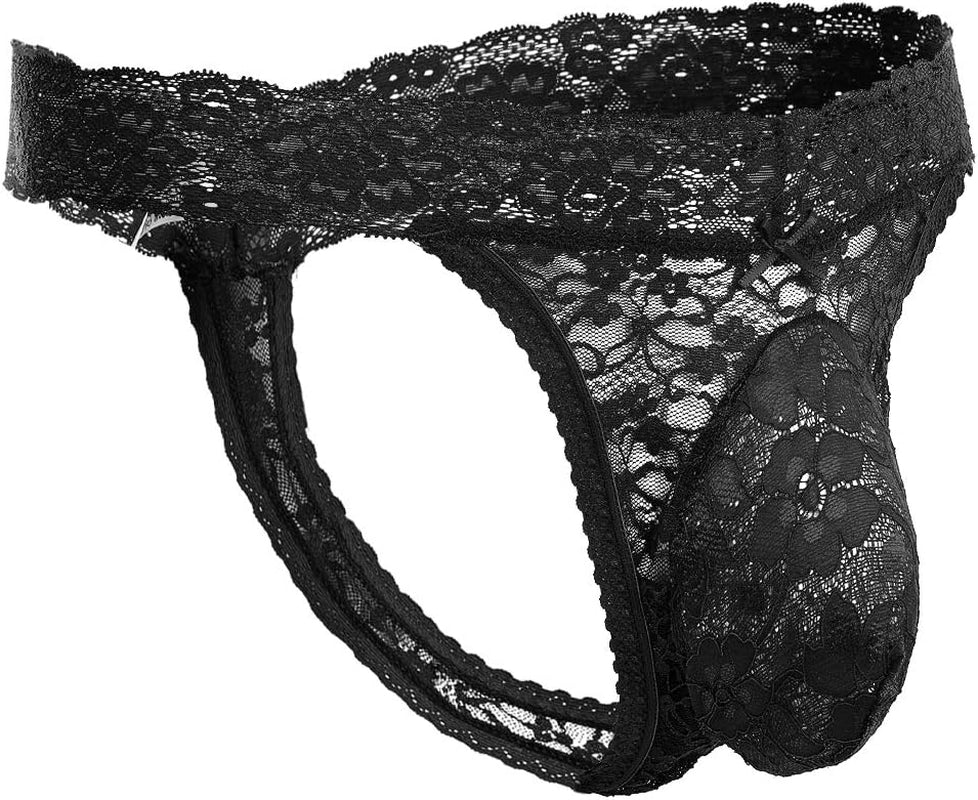Sheer mesh men's thong underwear showing see-through lace pattern
