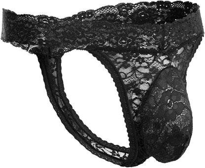 Sheer mesh men's thong underwear showing see-through lace pattern