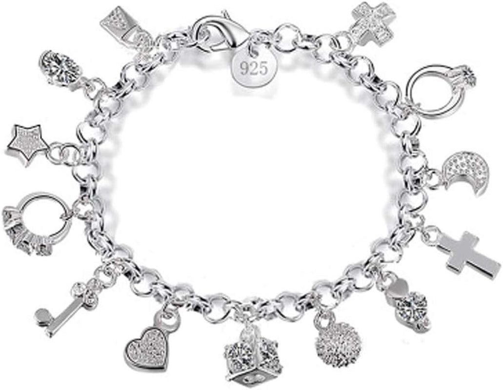 S925 silver charm bracelet with thirteen hanging decorative pieces on display