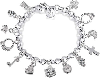 S925 silver charm bracelet with thirteen hanging decorative pieces on display