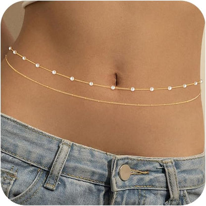 2PCS Gold Silver Waist Chain Adjustable Layered Belly Chain Body Chain Jewelry for Women Sexy Bikini Beach Boho Pearl Beaded Cuban Satellite Waist Chains