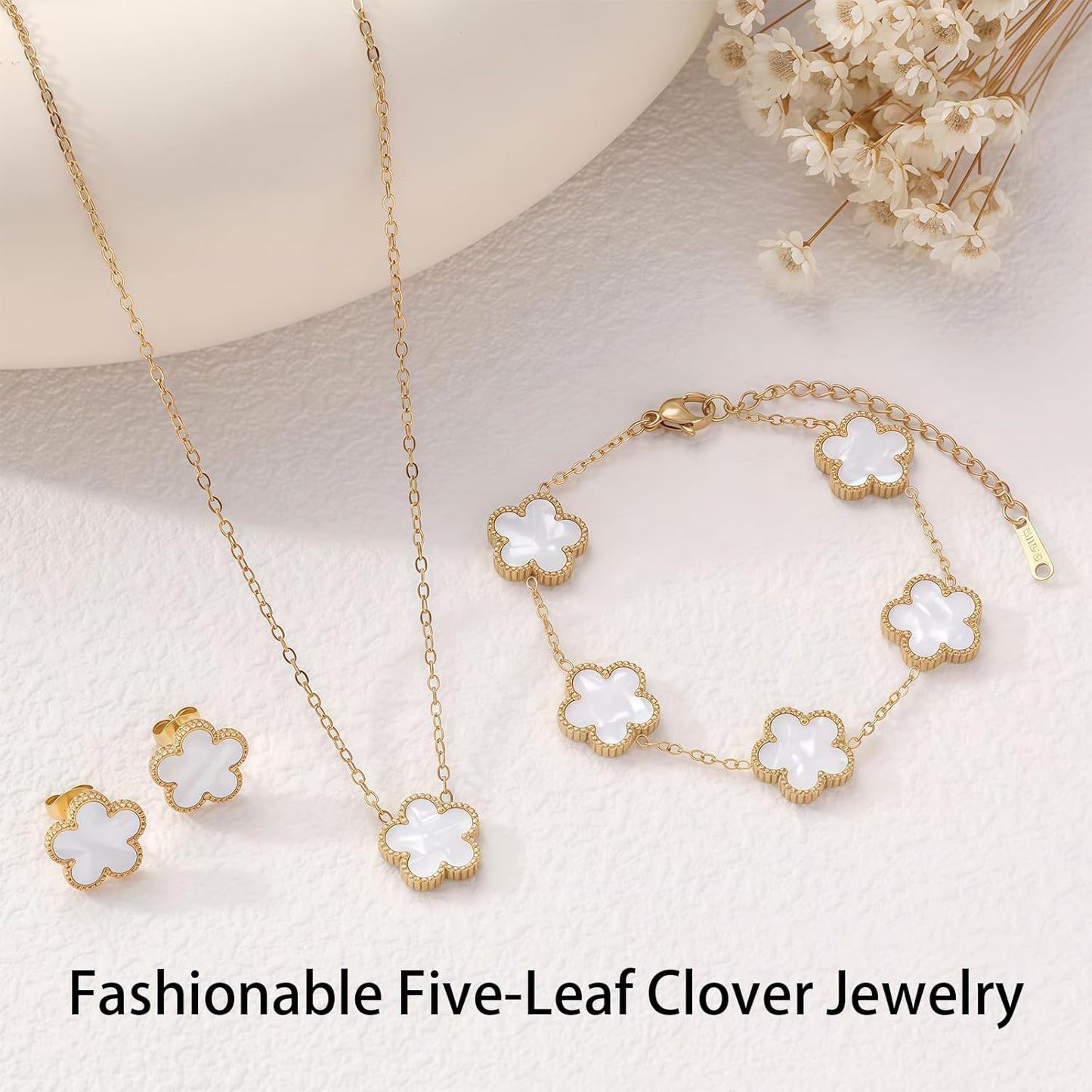 Luckybelle Leaf Clover Necklace & Gold Bracelet Set for Women, Elegant Bracelet,Earrings& Charm Jewelry Set for Anniversary, Birthday Gifts, Five-Leaf Clover Jewelry as Wedding, Party Accessories