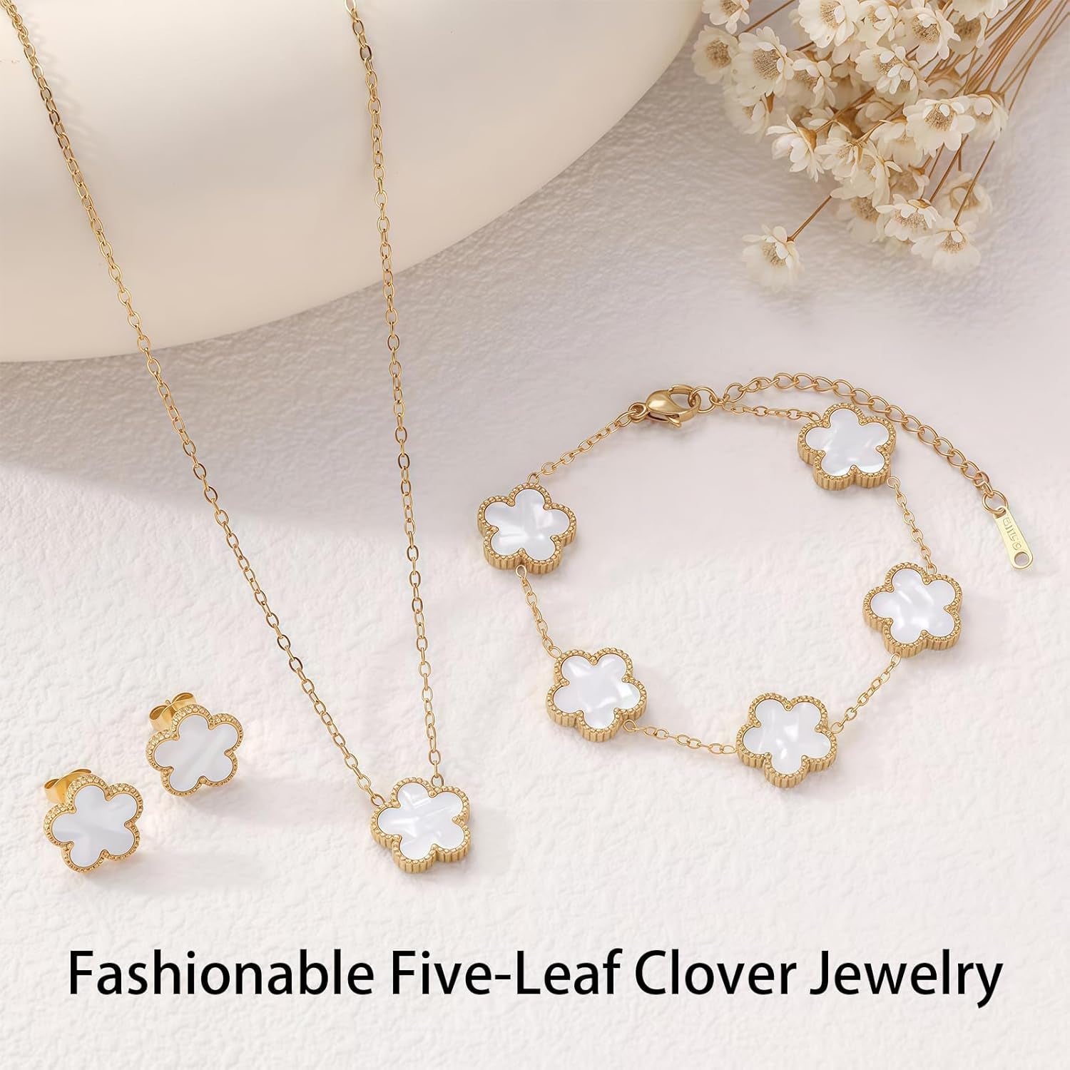 Luckybelle Leaf Clover Necklace & Gold Bracelet Set for Women, Elegant Bracelet,Earrings& Charm Jewelry Set for Anniversary, Birthday Gifts, Five-Leaf Clover Jewelry as Wedding, Party Accessories