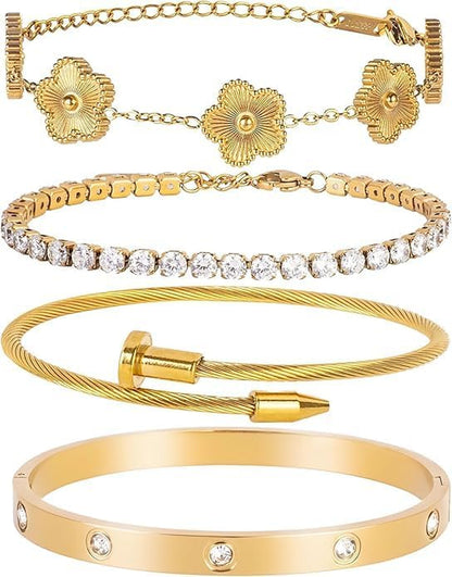 18K Gold Plated Floral Bangle Bracelet Set for Women - Elegant Love Design (4-Piece)
